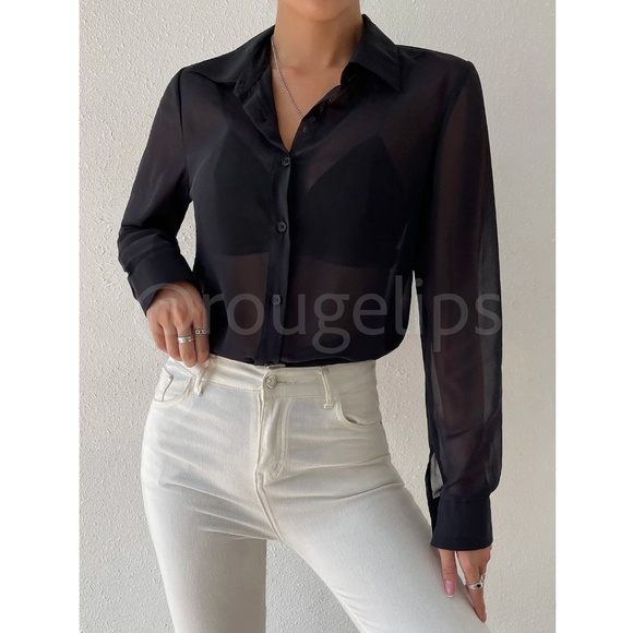 Black Sheer Chiffon Button Down Shirt Long Sleeve - Picture 2 of 8